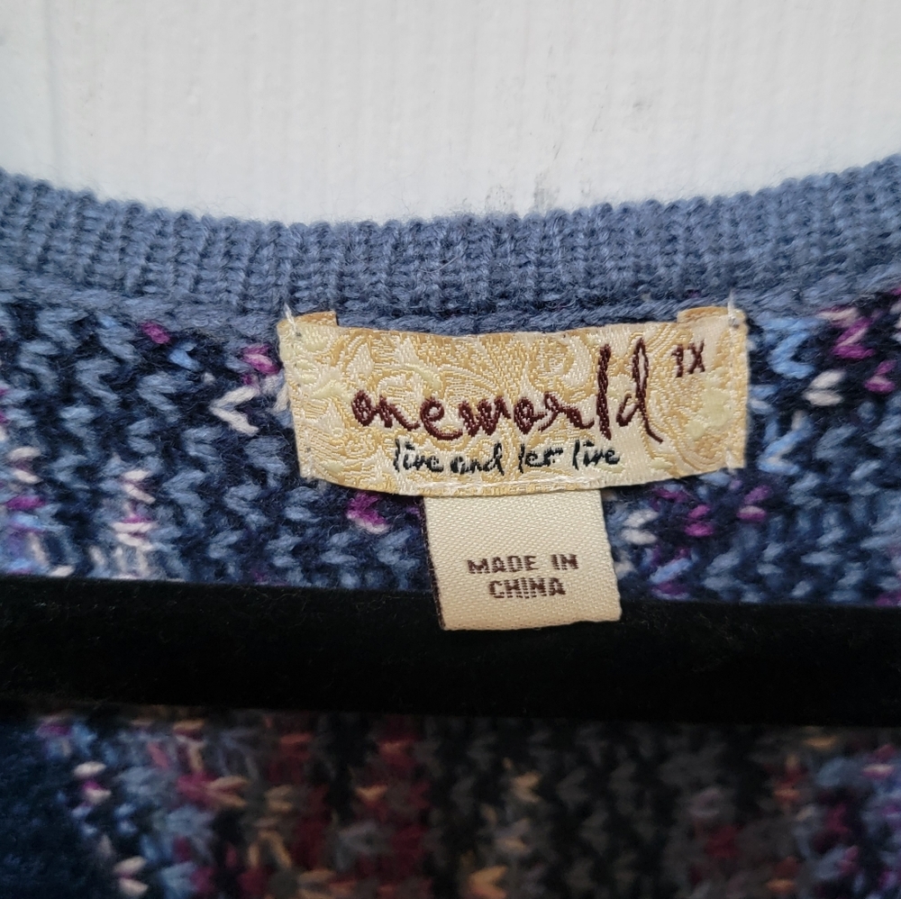 ONE WORLD Blue and Pink Geometric Aztec Cardigan Plus Size 1x - Picture 3 of 3